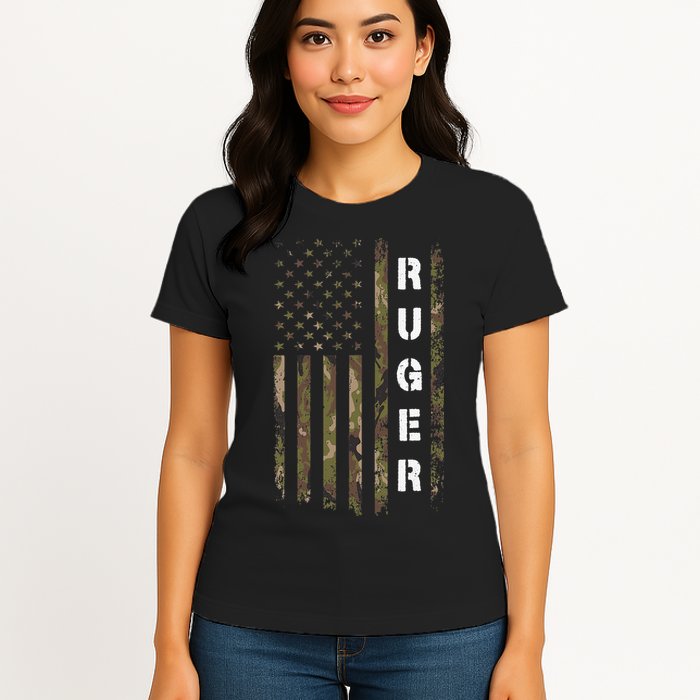 Retro Ruger Vintage Camouflage American Flag Matching Name Womens T-Shirt