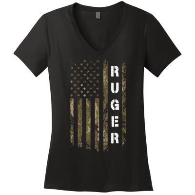 Retro Ruger Vintage Camouflage American Flag Matching Name Women's V-Neck T-Shirt