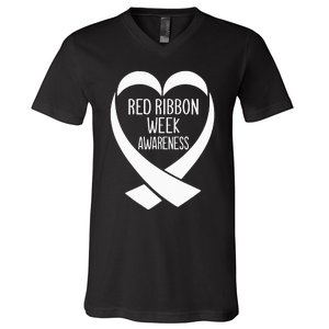 Red Ribbon Week Awareness Heart We Wear Red For Awareness V-Neck T-Shirt