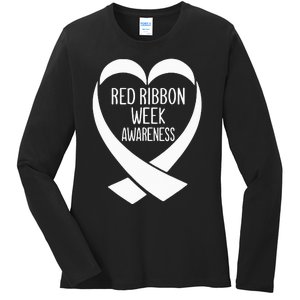 Red Ribbon Week Awareness Heart We Wear Red For Awareness Ladies Long Sleeve Shirt