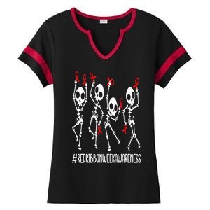 Red Ribbon week Awareness Skeleton Halloween Ladies Halftime Notch Neck Tee