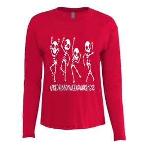 Red Ribbon week Awareness Skeleton Halloween Womens Cotton Relaxed Long Sleeve T-Shirt