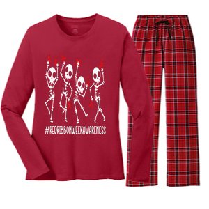 Red Ribbon week Awareness Skeleton Halloween Women's Long Sleeve Flannel Pajama Set 