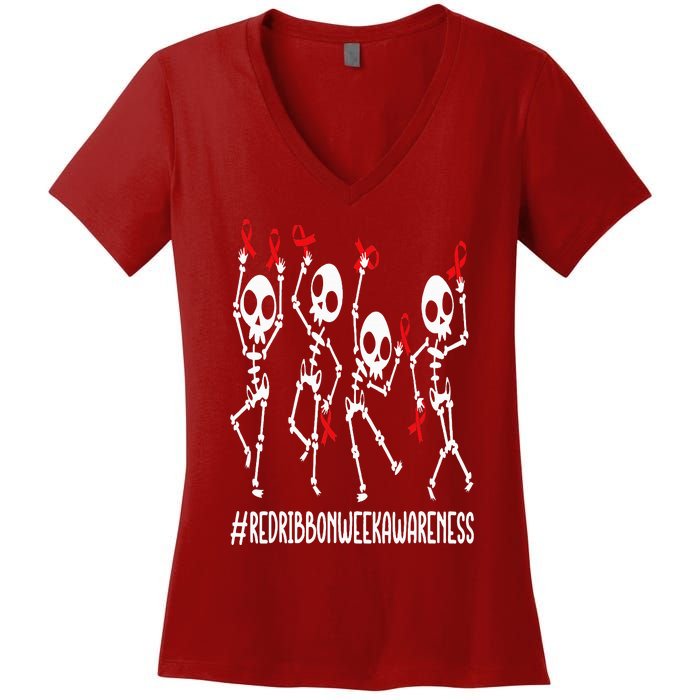 Red Ribbon week Awareness Skeleton Halloween Women's V-Neck T-Shirt