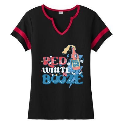 Retro Red White And Booze 4th Of July America Patriotic Gift Ladies Halftime Notch Neck Tee