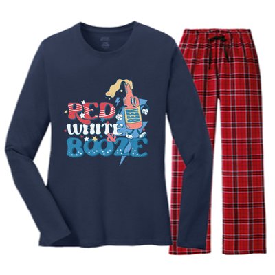 Retro Red White And Booze 4th Of July America Patriotic Gift Women's Long Sleeve Flannel Pajama Set 