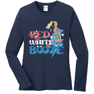 Retro Red White And Booze 4th Of July America Patriotic Gift Ladies Long Sleeve Shirt