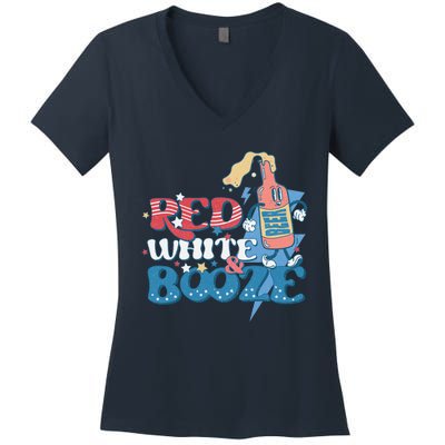 Retro Red White And Booze 4th Of July America Patriotic Gift Women's V-Neck T-Shirt