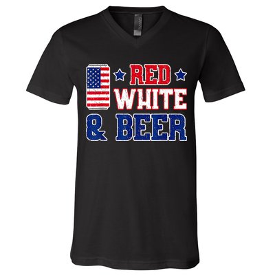 Retro Red White And Beer American Flag 4th Of July Drinking V-Neck T-Shirt