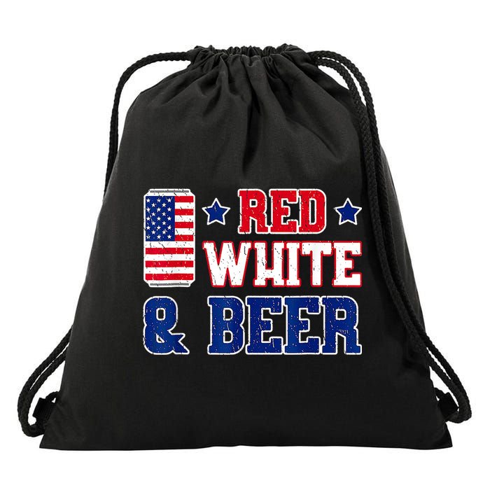 Retro Red White And Beer American Flag 4th Of July Drinking Drawstring Bag