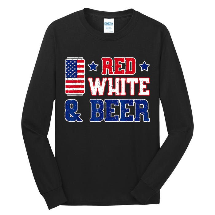 Retro Red White And Beer American Flag 4th Of July Drinking Tall Long Sleeve T-Shirt