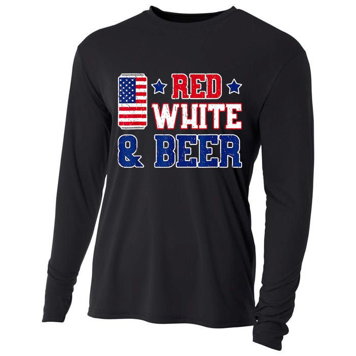 Retro Red White And Beer American Flag 4th Of July Drinking Cooling Performance Long Sleeve Crew