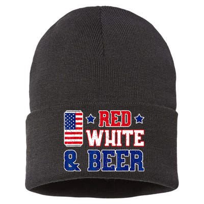 Retro Red White And Beer American Flag 4th Of July Drinking Sustainable Knit Beanie