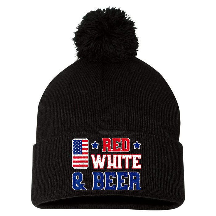 Retro Red White And Beer American Flag 4th Of July Drinking Pom Pom 12in Knit Beanie