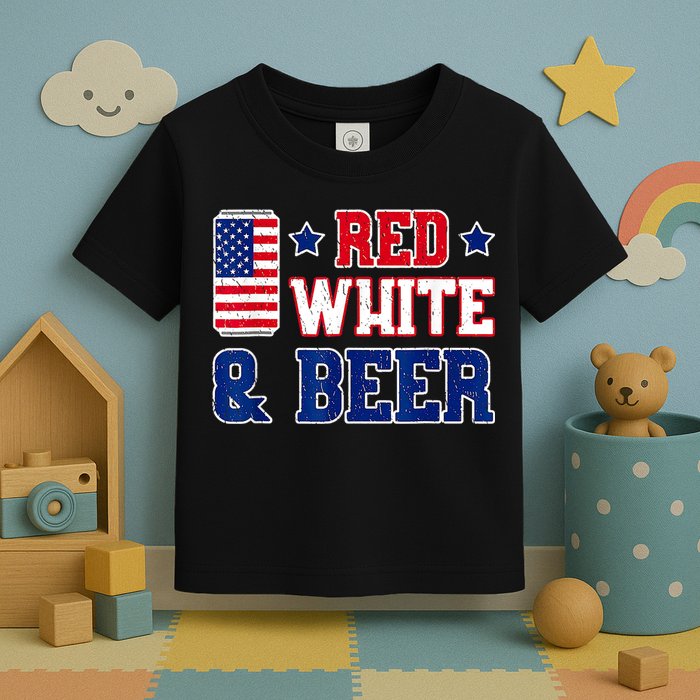 Retro Red White And Beer American Flag 4th Of July Drinking Toddler T-Shirt