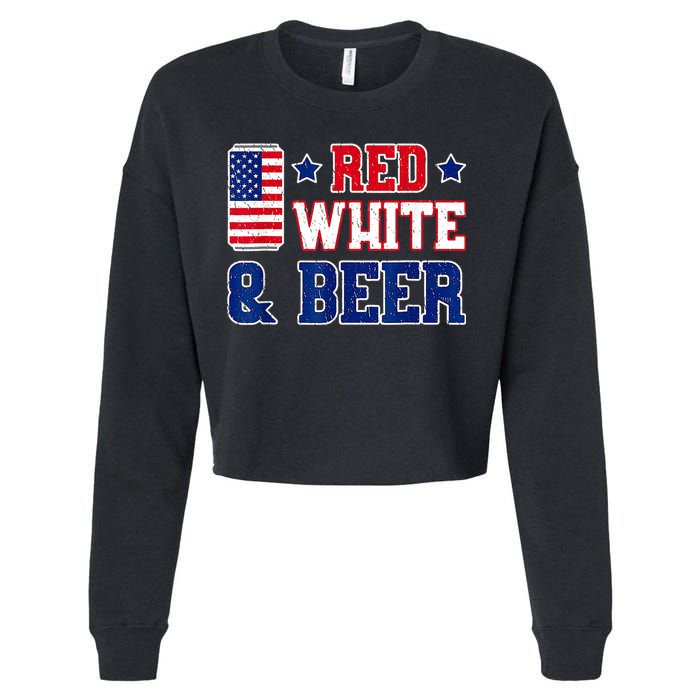 Retro Red White And Beer American Flag 4th Of July Drinking Cropped Pullover Crew