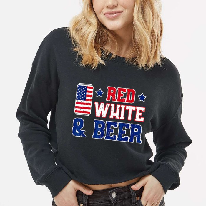 Retro Red White And Beer American Flag 4th Of July Drinking Cropped Pullover Crew