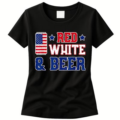 Retro Red White And Beer American Flag 4th Of July Drinking Womens T-Shirt