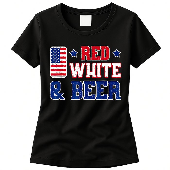 Retro Red White And Beer American Flag 4th Of July Drinking Womens T-Shirt