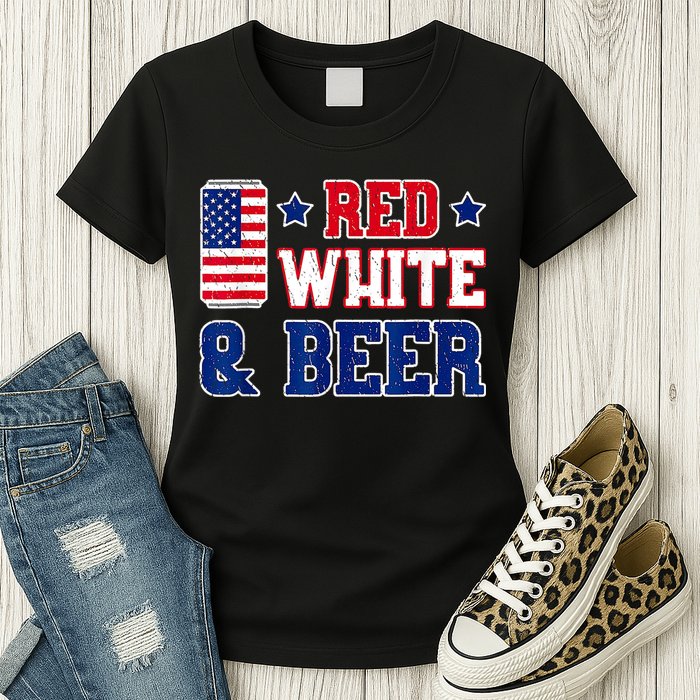 Retro Red White And Beer American Flag 4th Of July Drinking Womens T-Shirt