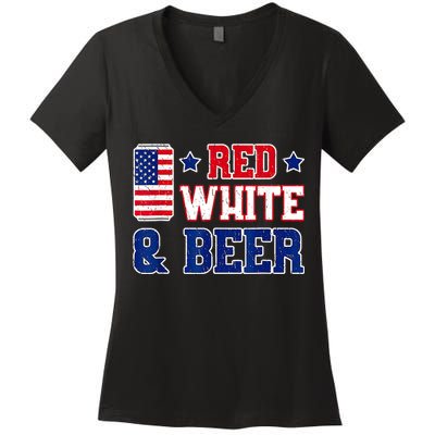 Retro Red White And Beer American Flag 4th Of July Drinking Women's V-Neck T-Shirt