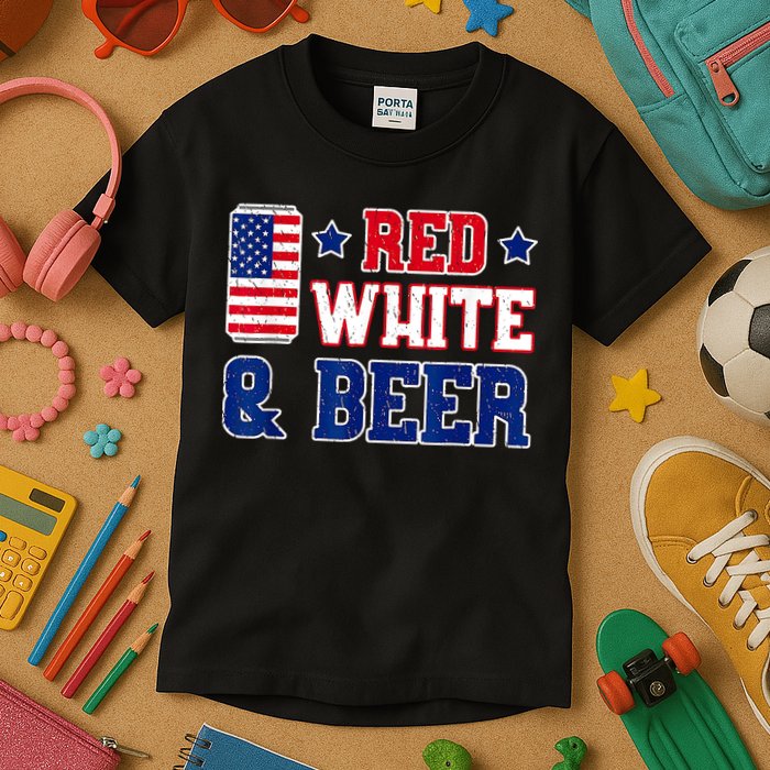 Retro Red White And Beer American Flag 4th Of July Drinking Kids T-Shirt