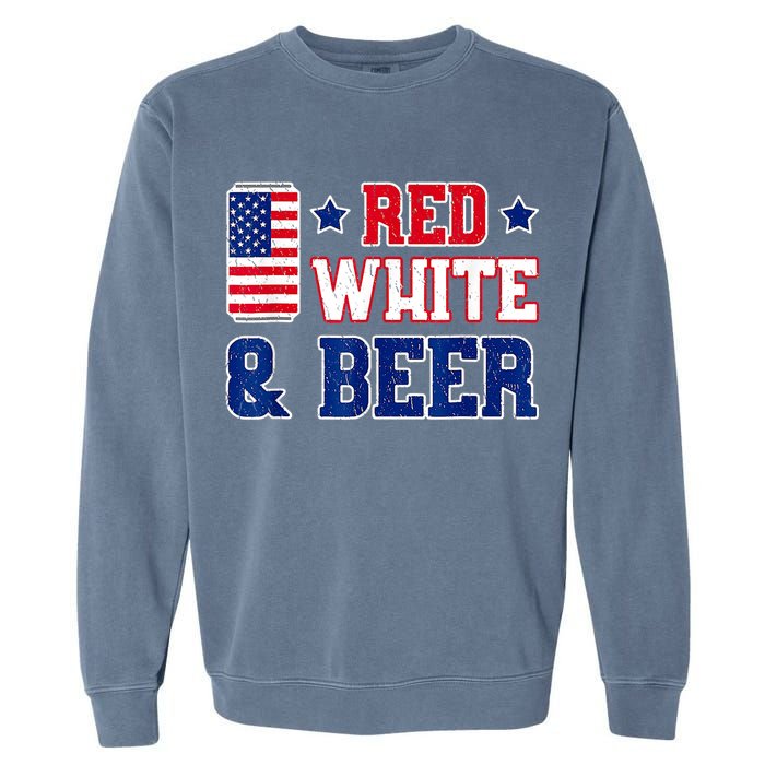 Retro Red White And Beer American Flag 4th Of July Drinking Garment-Dyed Sweatshirt