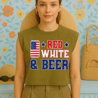 Retro Red White And Beer American Flag 4th Of July Drinking Garment-Dyed Women's Muscle Tee