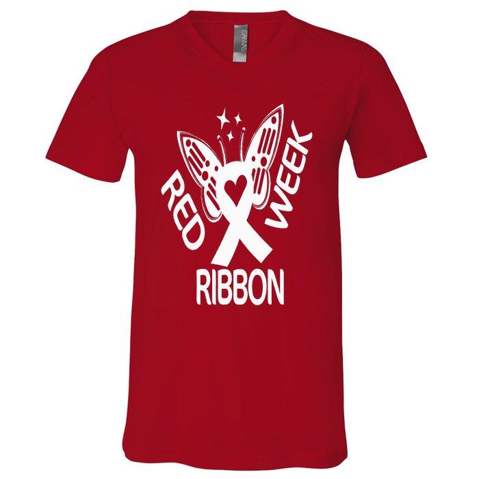 Red Ribbon Week Butterfly We Wear Red Ribbon Week Awareness V-Neck T-Shirt