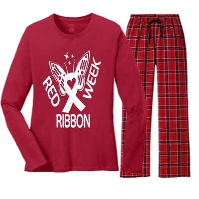 Red Ribbon Week Butterfly We Wear Red Ribbon Week Awareness Women's Long Sleeve Flannel Pajama Set 