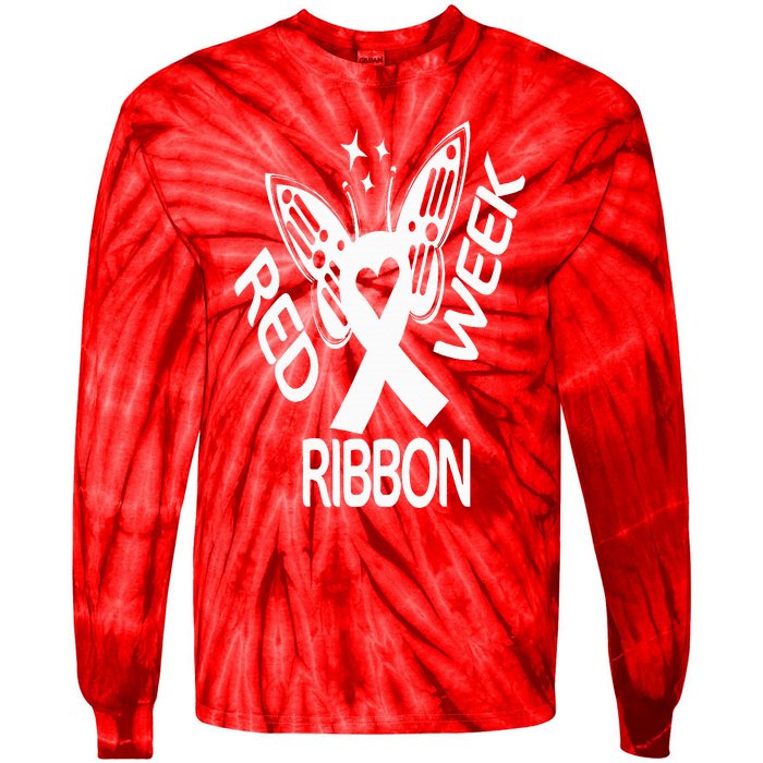 Red Ribbon Week Butterfly We Wear Red Ribbon Week Awareness Tie-Dye Long Sleeve Shirt