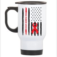 Red Ribbon Week American Flag Vintage Distressed Stainless Steel Travel Mug