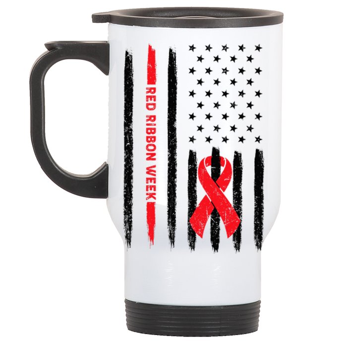 Red Ribbon Week American Flag Vintage Distressed Stainless Steel Travel Mug