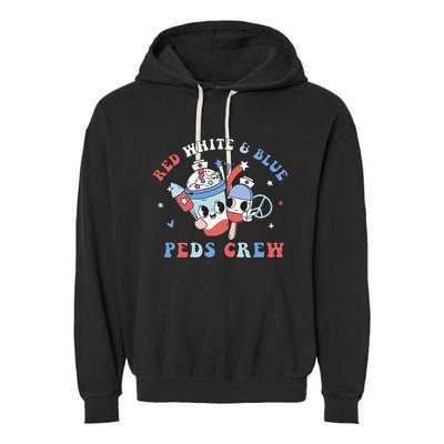 Retro Red White Blue Peds Crew 4th Of July Pediatric Nurse Garment-Dyed Fleece Hoodie