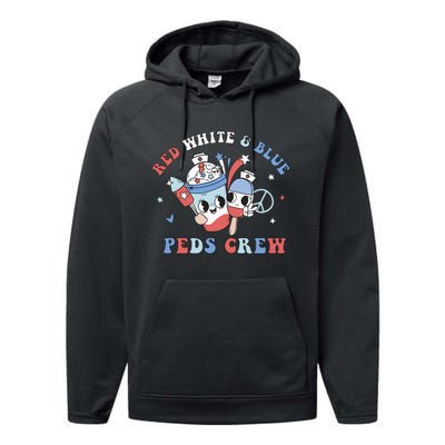 Retro Red White Blue Peds Crew 4th Of July Pediatric Nurse Performance Fleece Hoodie