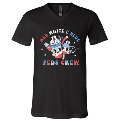 Retro Red White Blue Peds Crew 4th Of July Pediatric Nurse V-Neck T-Shirt