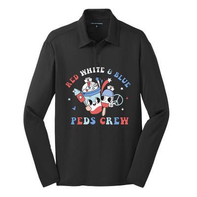 Retro Red White Blue Peds Crew 4th Of July Pediatric Nurse Silk Touch Performance Long Sleeve Polo