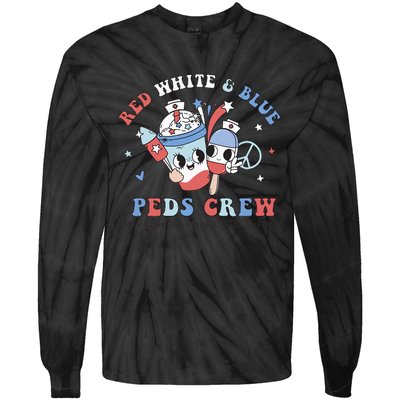 Retro Red White Blue Peds Crew 4th Of July Pediatric Nurse Tie-Dye Long Sleeve Shirt