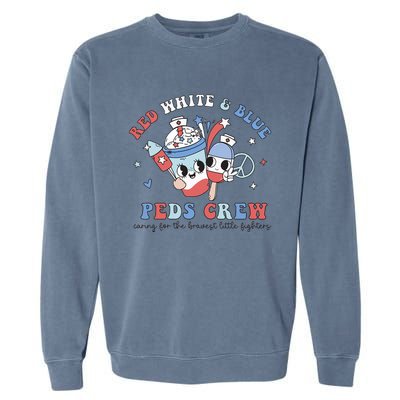 Retro Red White Blue Peds Crew 4th Of July Pediatric Nurse Garment-Dyed Sweatshirt