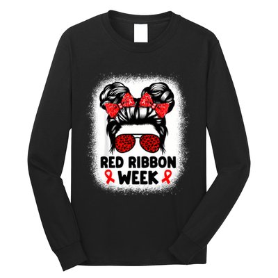 Red Ribbon Week Women Messy Bun Red Ribbon Week Awareness Long Sleeve Shirt