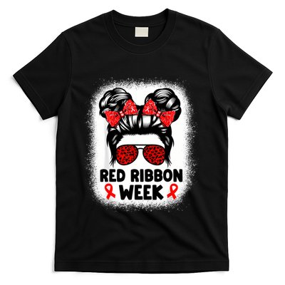 Red Ribbon Week Women Messy Bun Red Ribbon Week Awareness T-Shirt