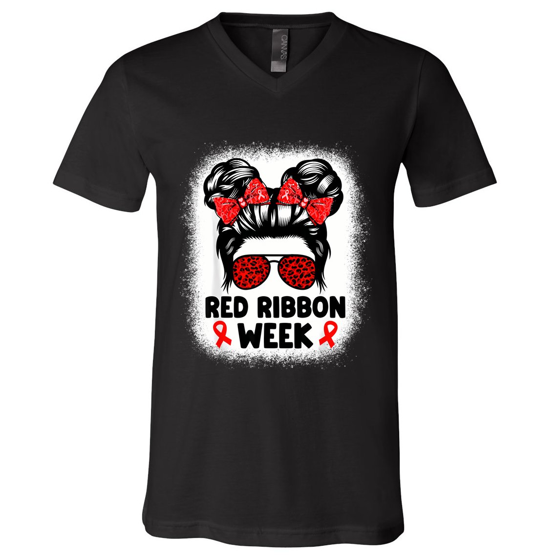 Red Ribbon Week Women Messy Bun Red Ribbon Week Awareness V-Neck T-Shirt