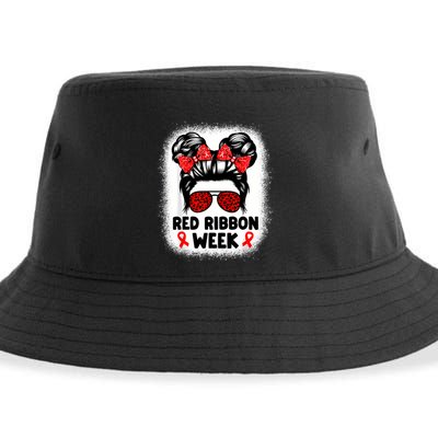 Red Ribbon Week Women Messy Bun Red Ribbon Week Awareness Sustainable Bucket Hat