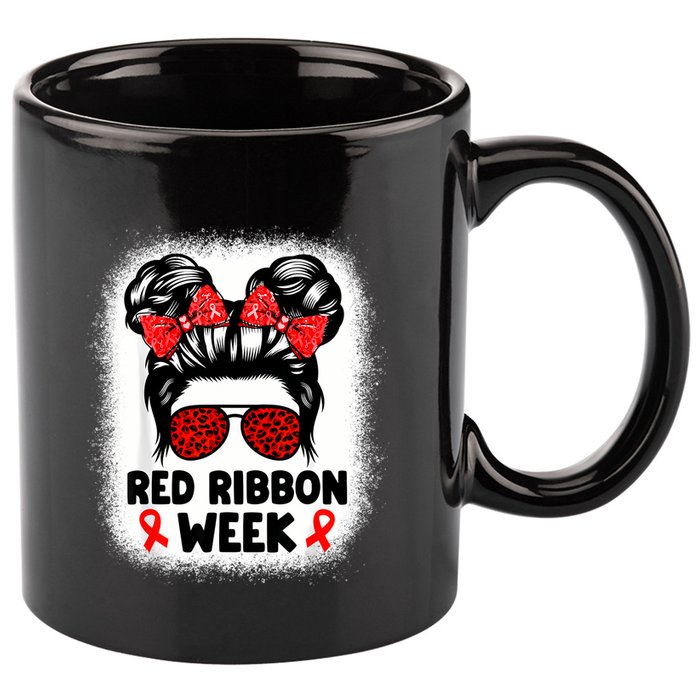 Red Ribbon Week Women Messy Bun Red Ribbon Week Awareness 11oz C Handle Ceramic Mug