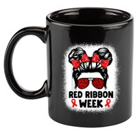 Red Ribbon Week Women Messy Bun Red Ribbon Week Awareness 11oz C Handle Ceramic Mug