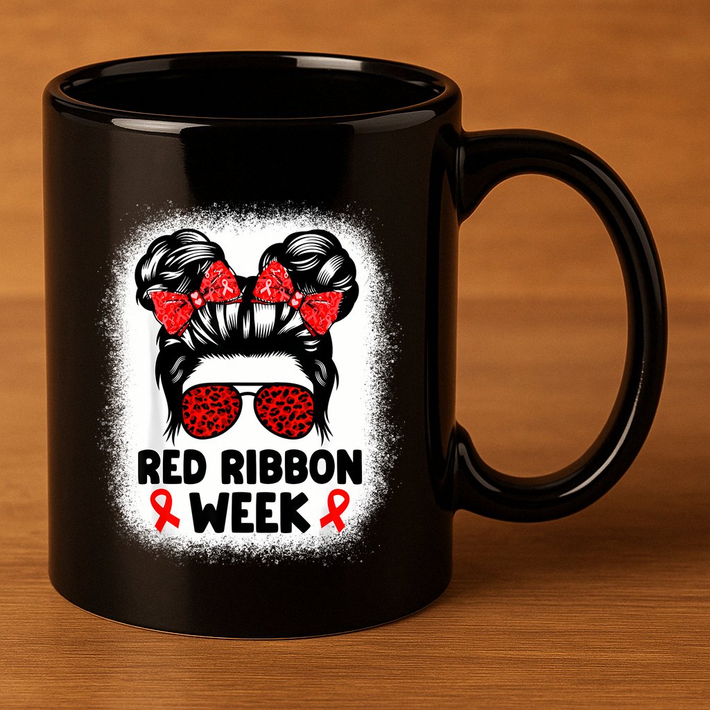 Red Ribbon Week Women Messy Bun Red Ribbon Week Awareness 11oz C Handle Ceramic Mug