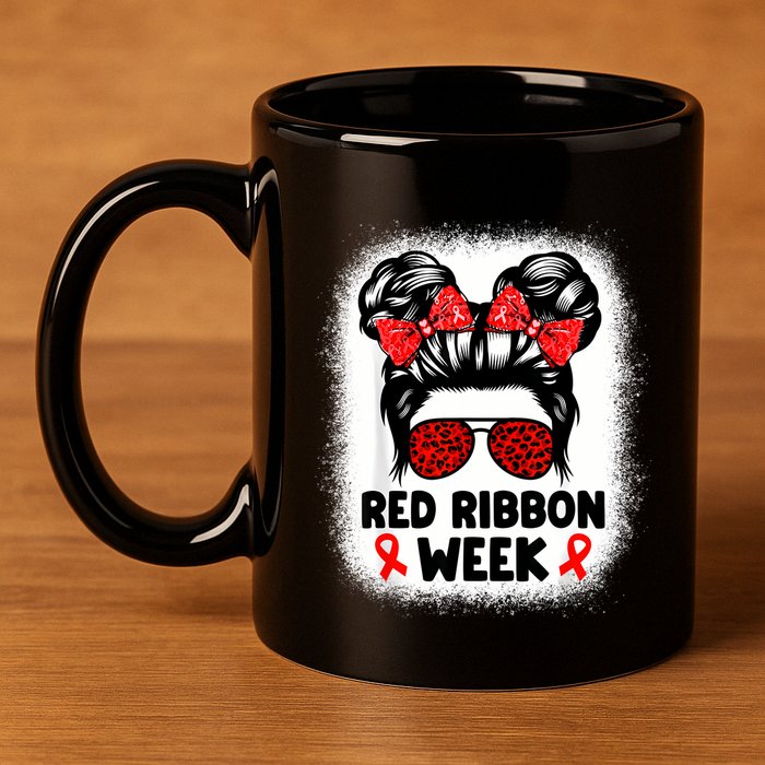 Red Ribbon Week Women Messy Bun Red Ribbon Week Awareness 11oz C Handle Ceramic Mug