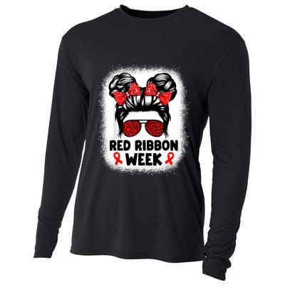 Red Ribbon Week Women Messy Bun Red Ribbon Week Awareness Cooling Performance Long Sleeve Crew