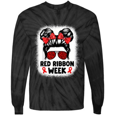 Red Ribbon Week Women Messy Bun Red Ribbon Week Awareness Tie-Dye Long Sleeve Shirt