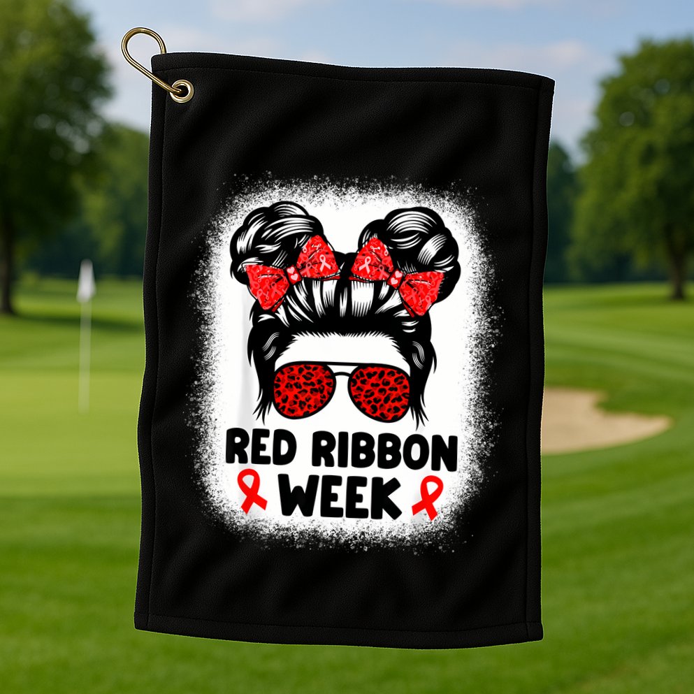 Red Ribbon Week Women Messy Bun Red Ribbon Week Awareness Golf Towel